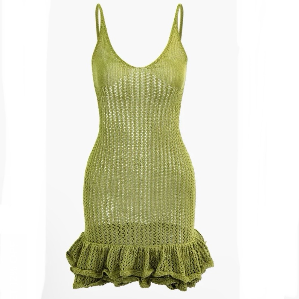 Micas Green Open Knit Ruffle Hem Cami Mini Dress